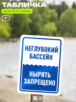 Табличка для бассейна "Неглубокий бассейн, нырять запрещено", на пляж, для общественной и частной зоны отдыха, информационная, 40х30 см, Silver Plane x Айдентика Технолоджи