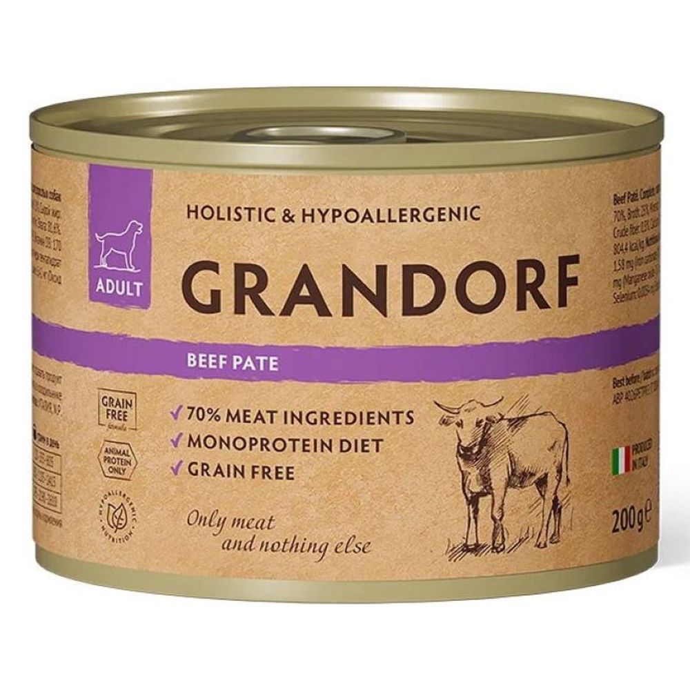 Консервы GRANDORF для взрослых собак из говядины (паштет) - 200 гр