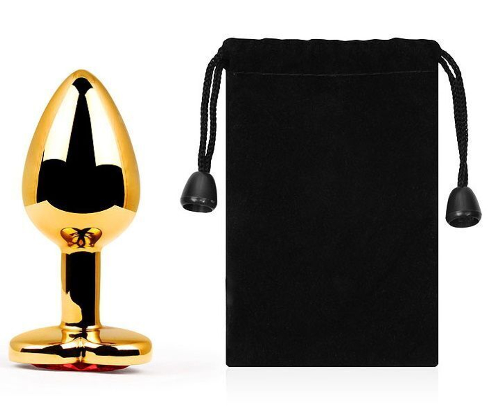 Золотистая анальная пробка с красным стразом-сердечком - 8 см. (Цвет: красный)