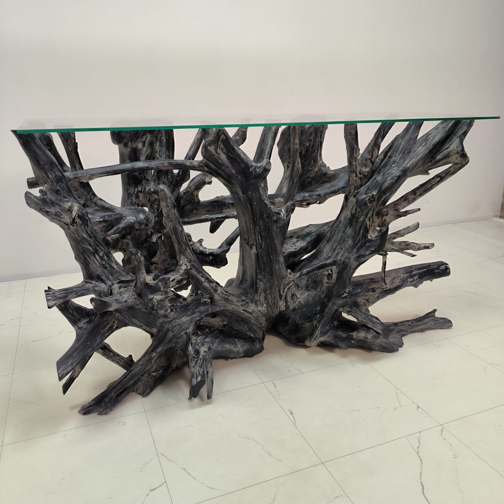 Консоль из корня тикового дерева 50108 Путри со стеклом (150*47*85)
