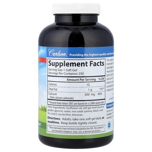 Carlson, Cal-600 с жидкостью, 600 мг, 250 мягких таблеток