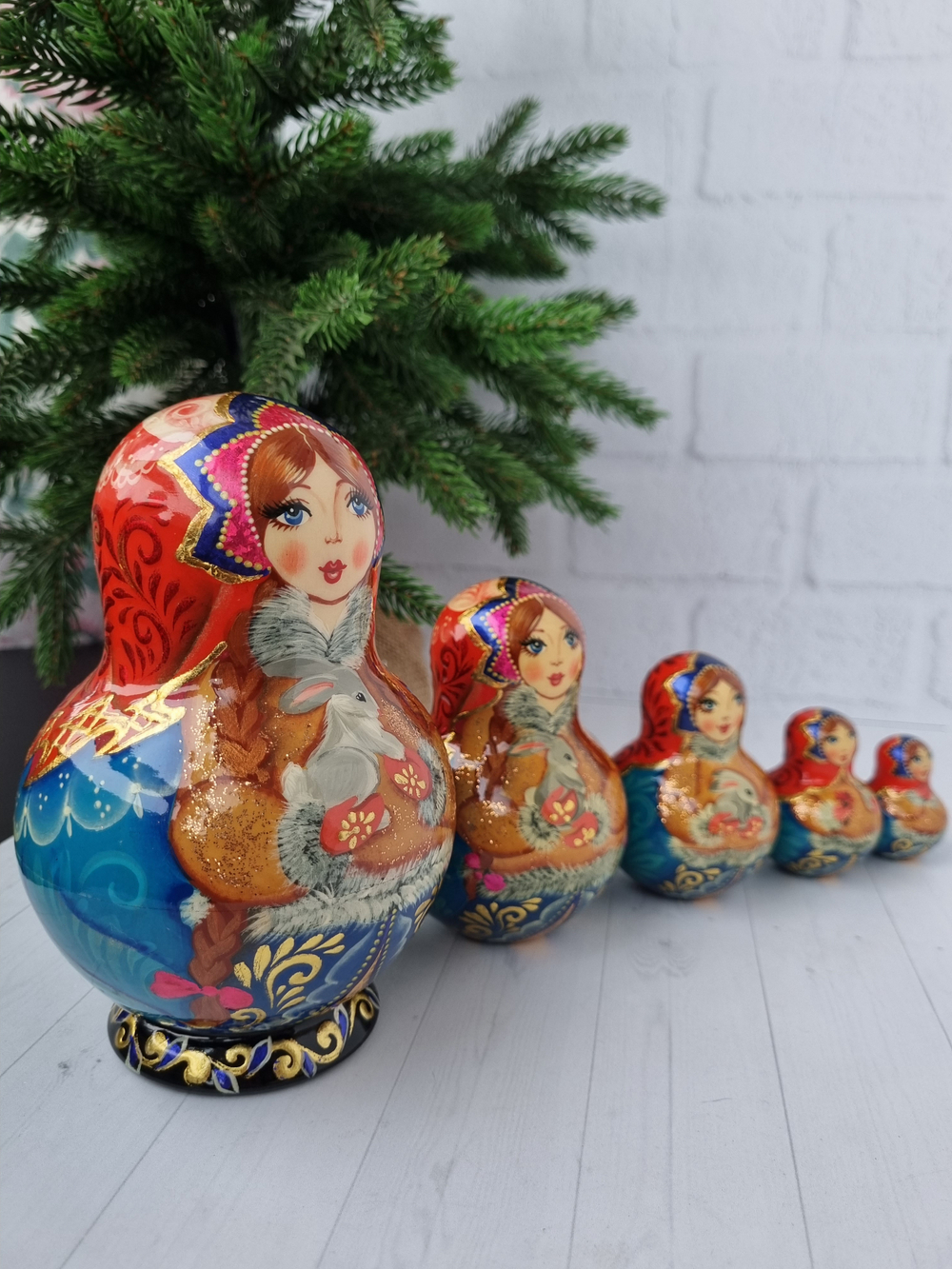 Матрешка с заинькой 15см 5мест пузатая