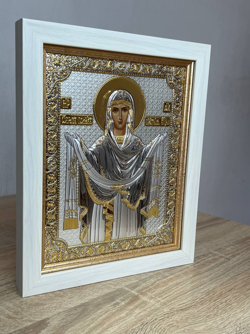 Покрова БМ, икона прямоугольная в рамке под стеклом, белое дерево, 232х280