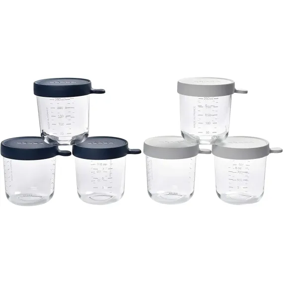 Набор из 6 стеклянных контейнеров Beaba Set of 6 Glass Portion Jars 250 Dark Blue/White