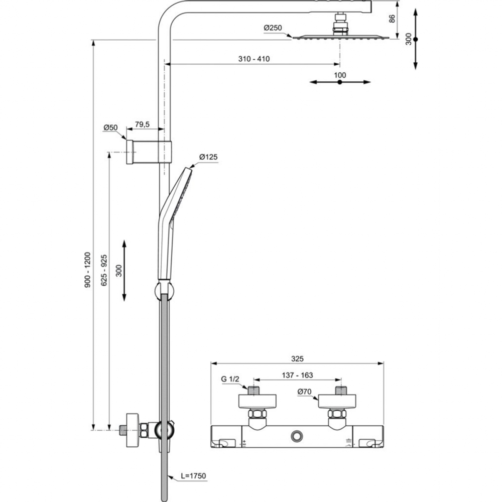 Душевая система с термостатическим смесителем для душа Ideal Standard CERATHERM T50 A7704AA