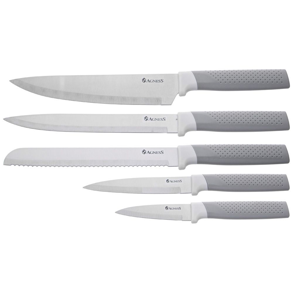 НАБОР AGNESS ИЗ 9ПР: 5 НОЖЕЙ, ПОЛОВНИК, ЛОПАТКА И ШУМОВКА, ВРАЩАЮЩАЯСЯ ПОДСТАВКА, ЦВЕТ: СЕРЫЙ