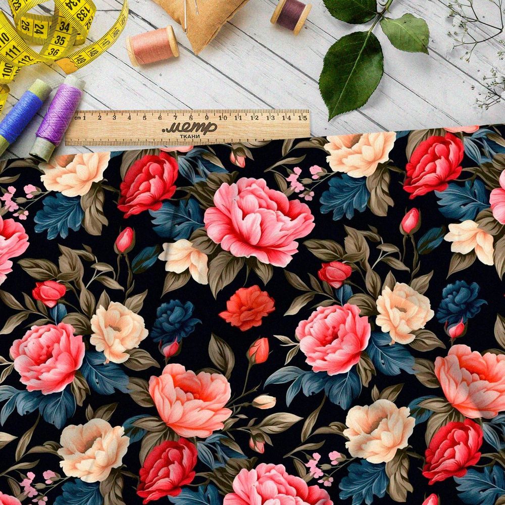 Ткань премиум габардин ночные розы