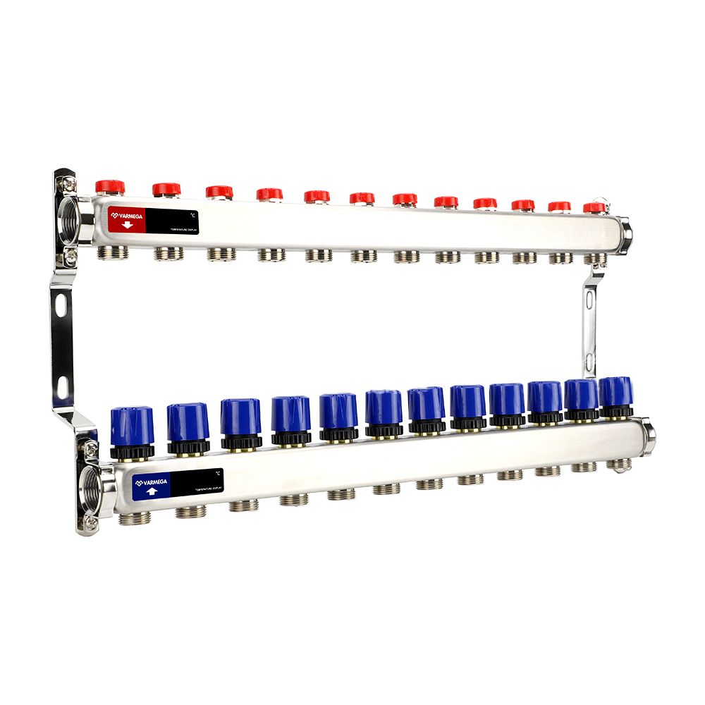 Коллектор из  нерж. стали без расходомеров с регулирующими клапанами 1", 12 x 3/4"EK