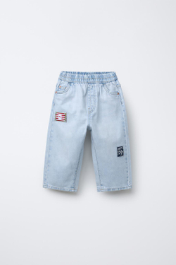 ZARA ДЖИНСЫ WIDE LEG С НАШИВКАМИ, ГОЛУБОЙ