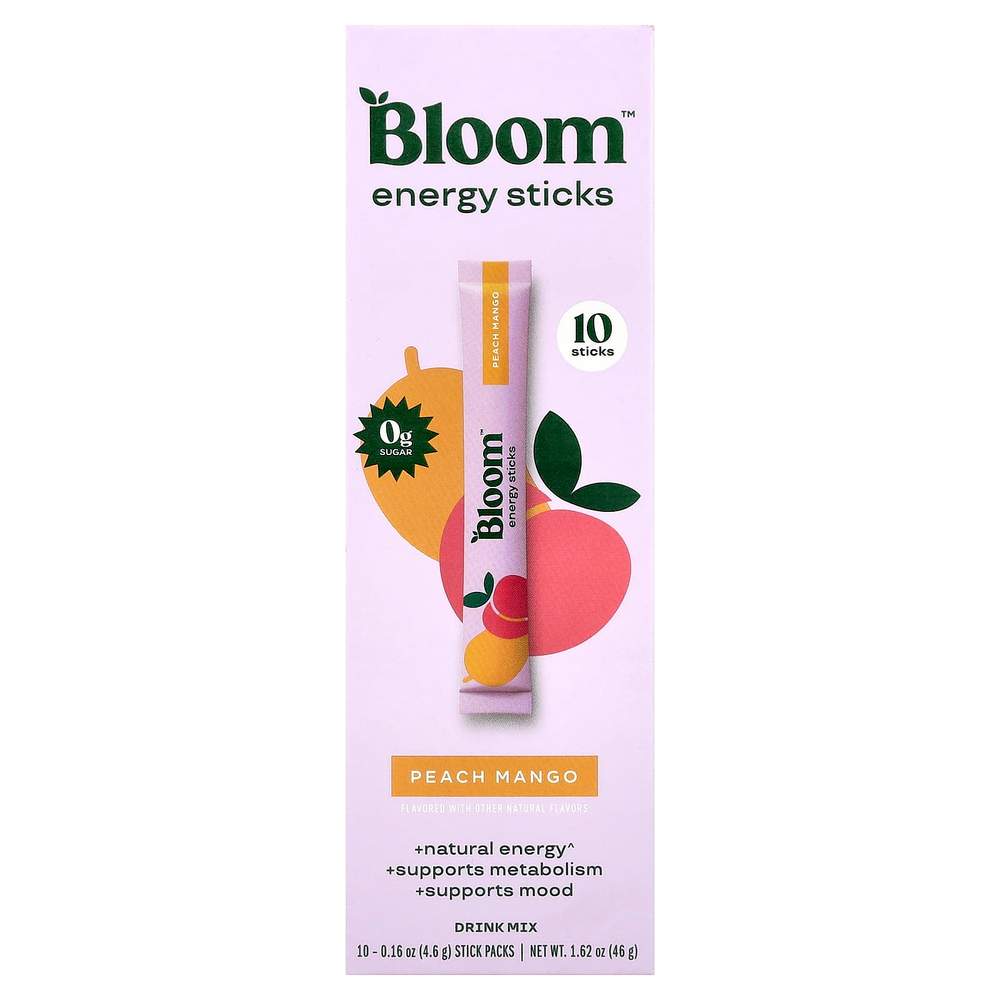 Bloom, энергетические стики, со вкусом персика и манго, 10 шт. по 4,6 г (0,16 унции)