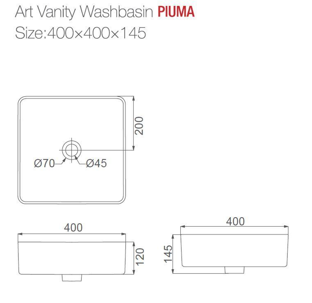 PU3400 Накладная раковина-чаша 40 см нано, тонокостенная, квадратная белая HDA054
