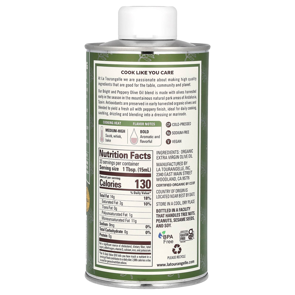 La Tourangelle, органическое нерафинированное оливковое масло высшего качества, яркий и перечный вкус, 500 мл (16,9 жидк. унции)