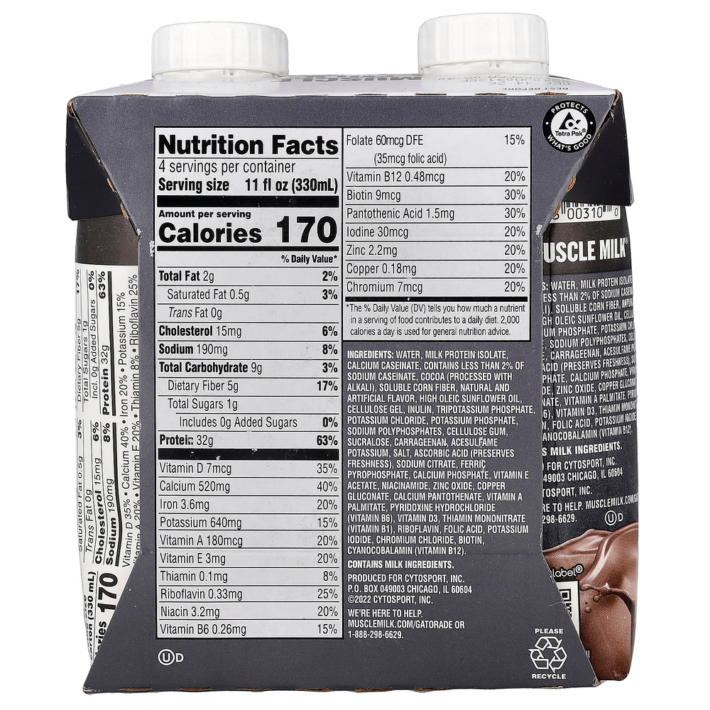 Muscle Milk, Pro Advanced Nutrition, Protein Shake, Knockout Chocolate, 4 Cartons, 11 fl oz (330 ml) Each