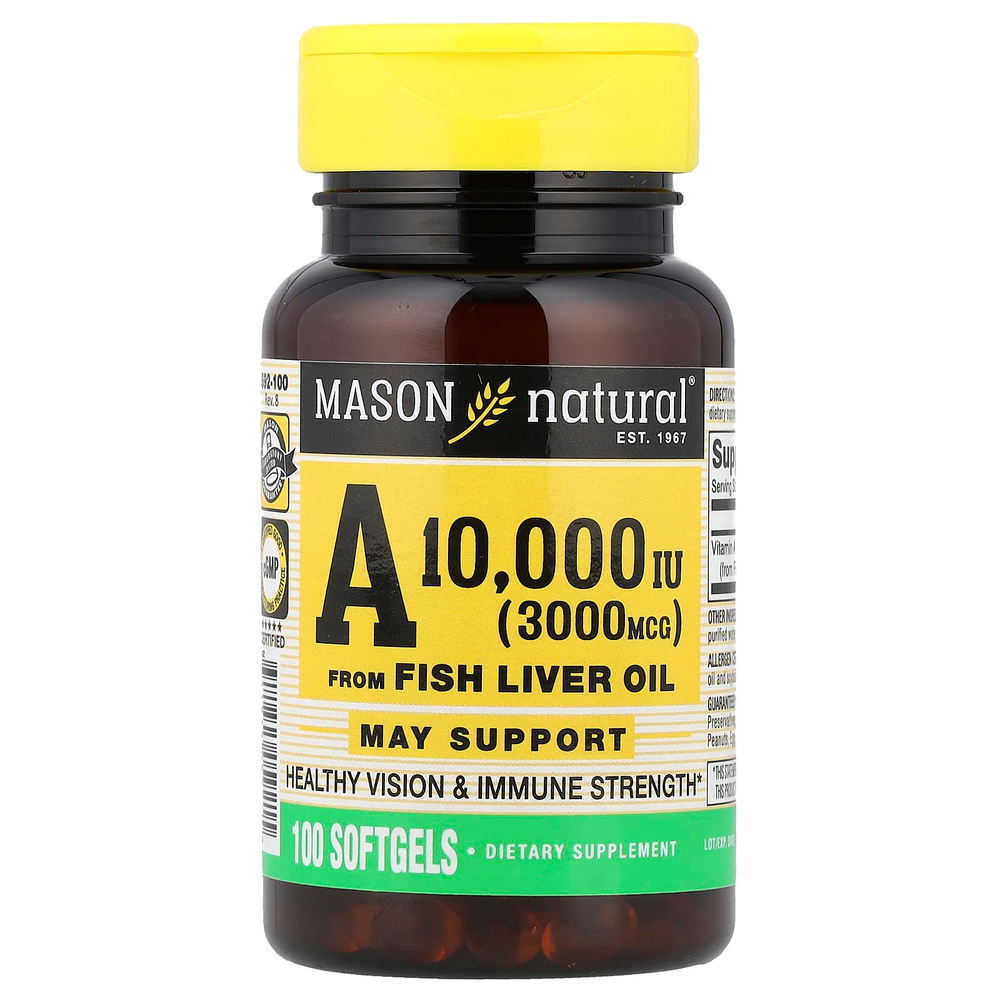 Mason Natural, витамин A из жира печени рыбы, 3000 мкг (10 000 МЕ), 100 капсул