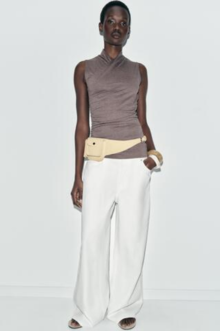 ZARA ТОП С ДРАПИРОВКОЙ И СБОРКАМИ, КОРИЧНЕВЫЙ МЕЛАНЖ