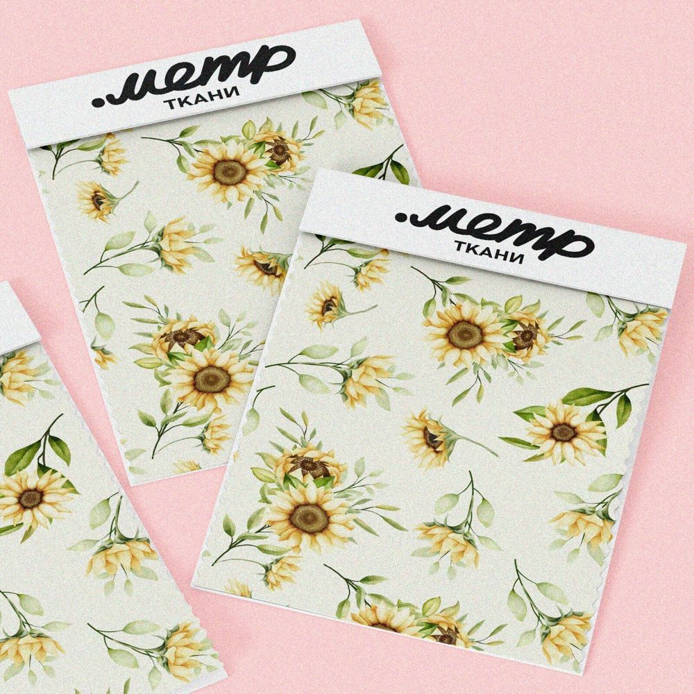 Ткань лен подсолнухи на зеленом