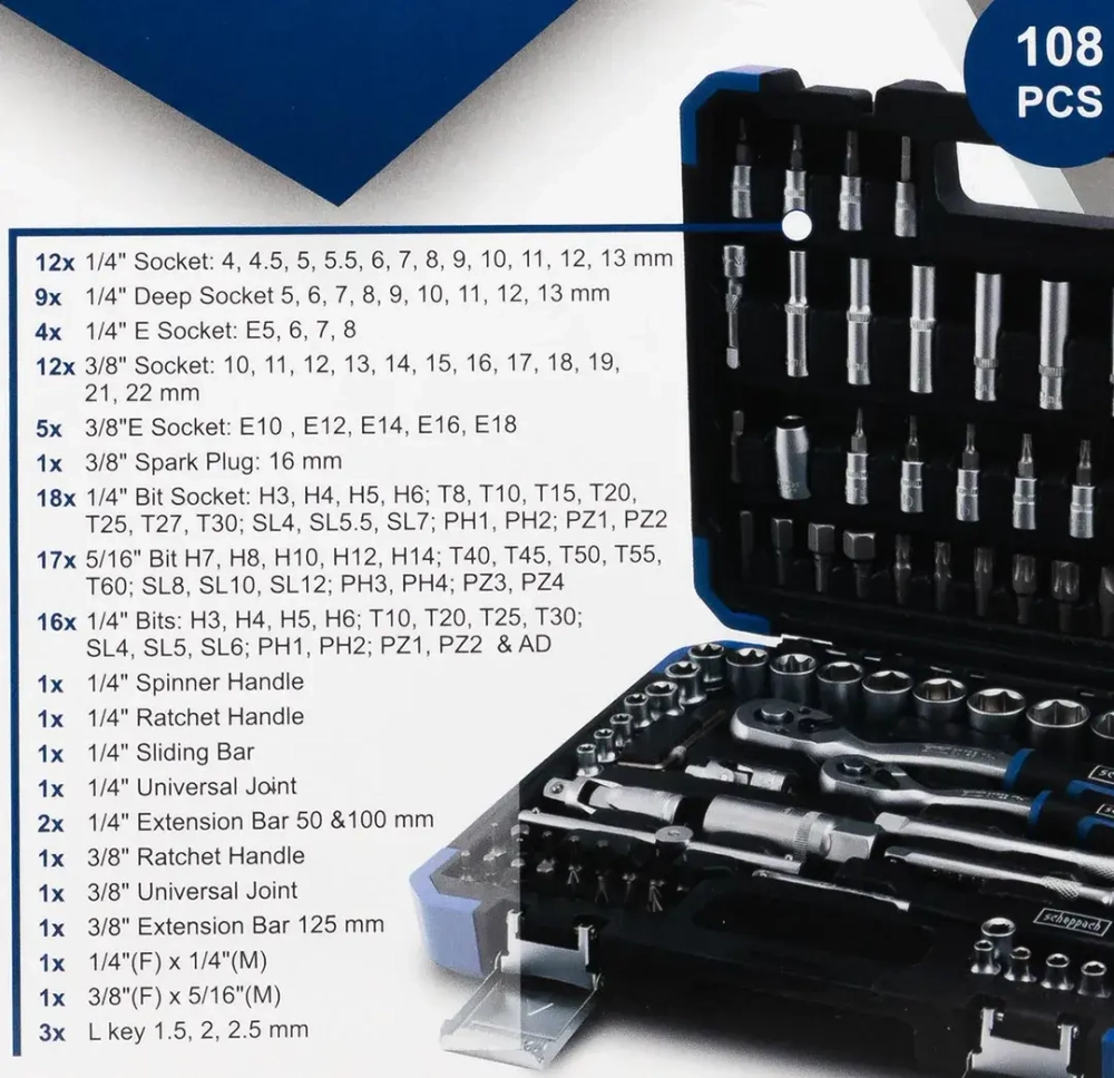 Набор инструментов 1/4'' 3/8'', 108пр. (6-гран) Scheppach Sch-41082-5DS