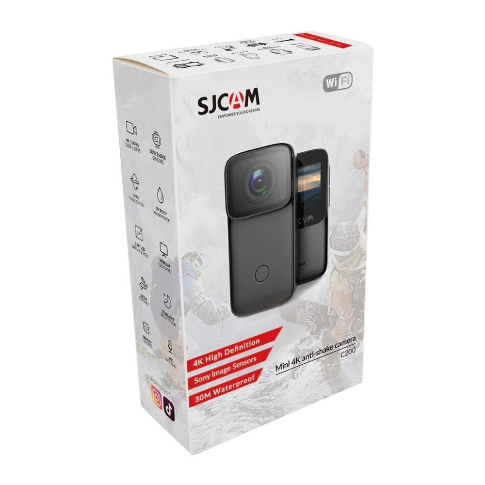 Экшн камера SJCam C200 черная с креплением, цифровым стабилизатором, водонепроницаемая 4K Ultra HD на шлем, голову, грудь, велосипед