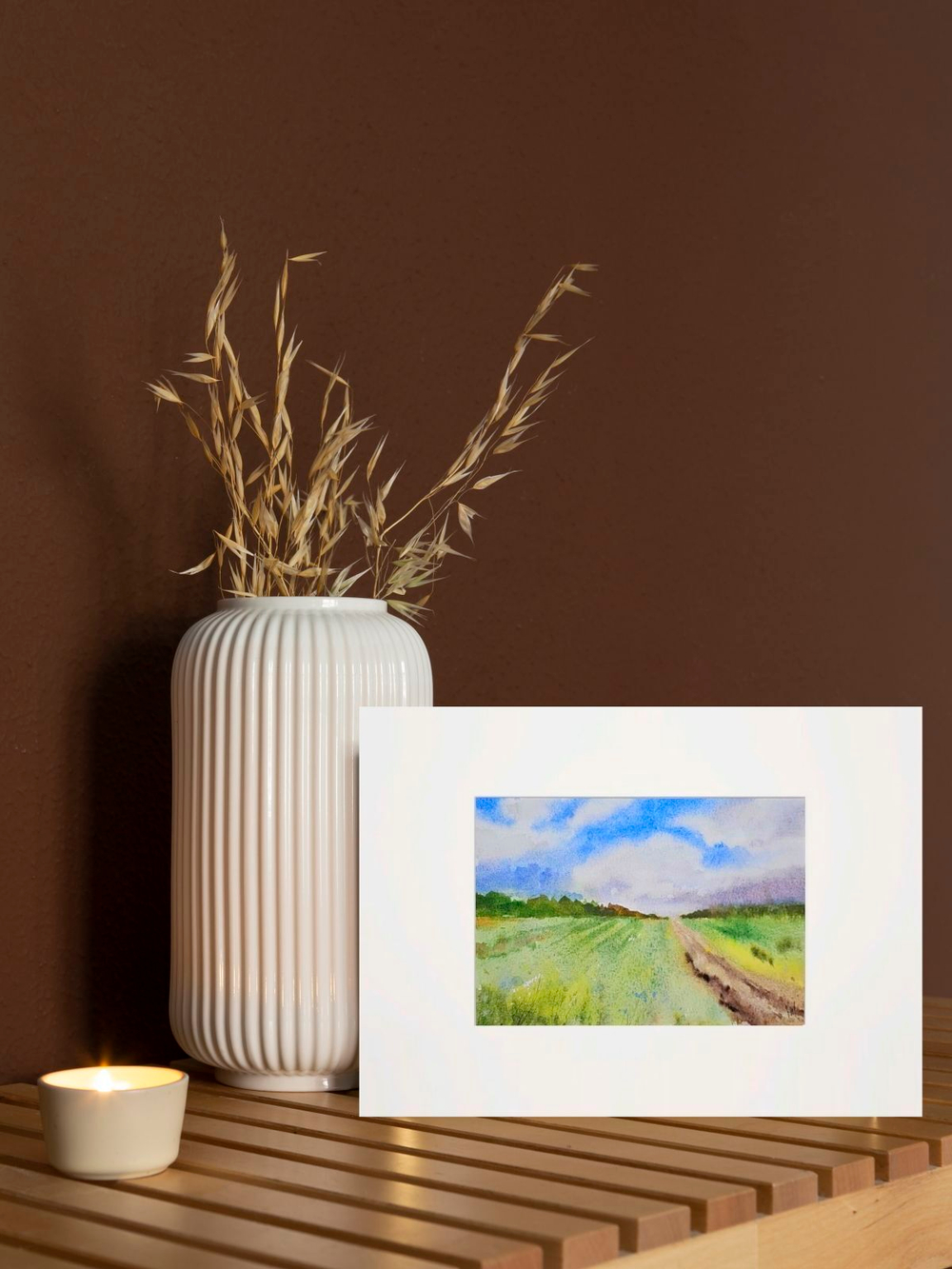 Картина авторская акварельная в паспарту 21х30 см на стену для интерьера "Полдень"