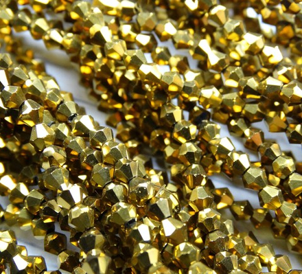 ББЛ002НН3 Хрустальные бусины "биконус", цвет: золото металлик, размер 3 мм, кол-во: 95-100 шт.