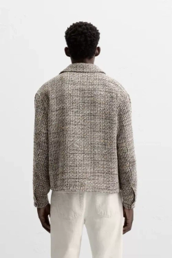 ZARA КУРТКА-РУБАШКА ИЗ РЕЛЬЕФНОЙ ТКАНИ С МОЛНИЕЙ, РЫЖЕВАТО-КОРИЧНЕВЫЙ