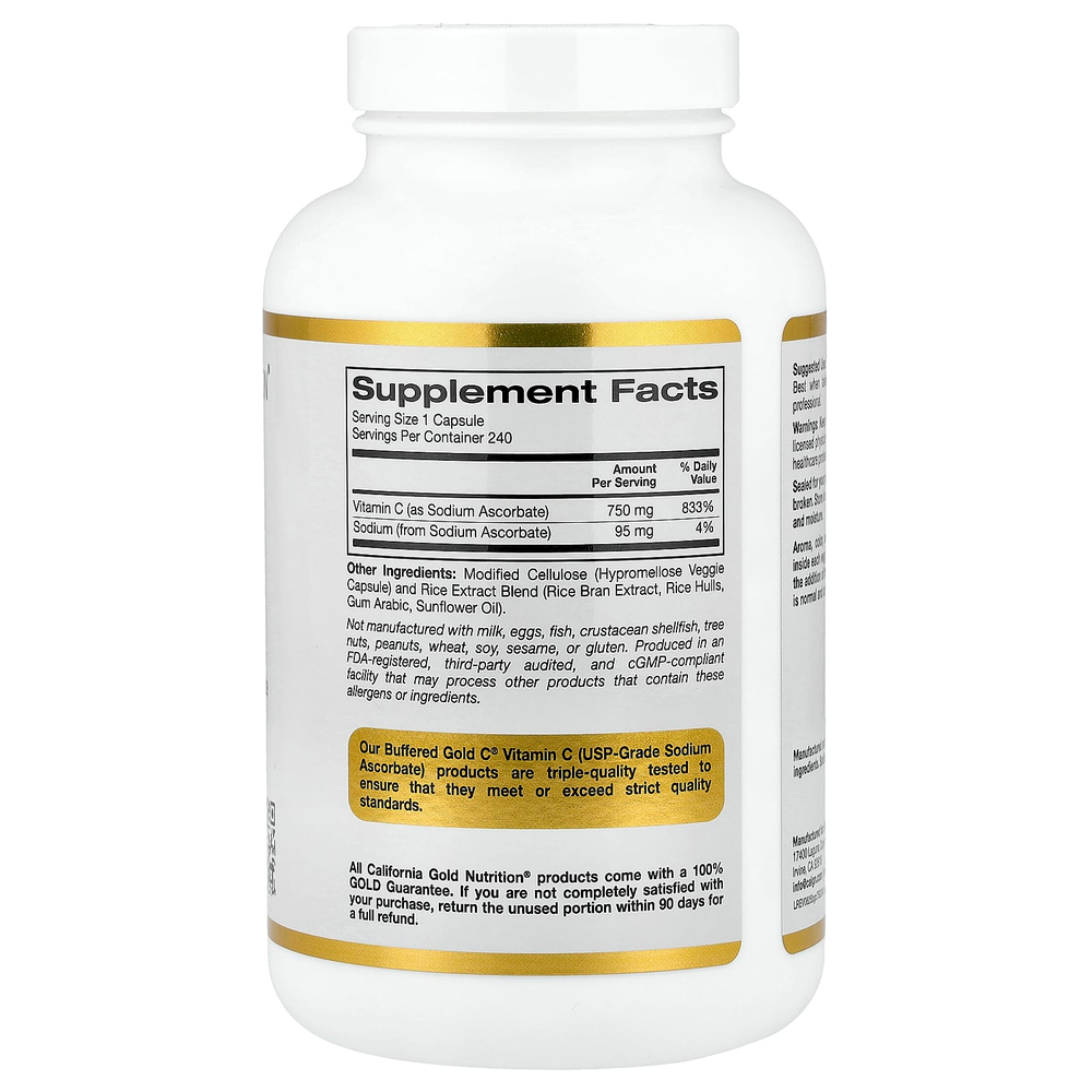 California Gold Nutrition, Buffered Gold C®, аскорбат натрия (витамин C) GOLD Standard, 240 растительных капсул