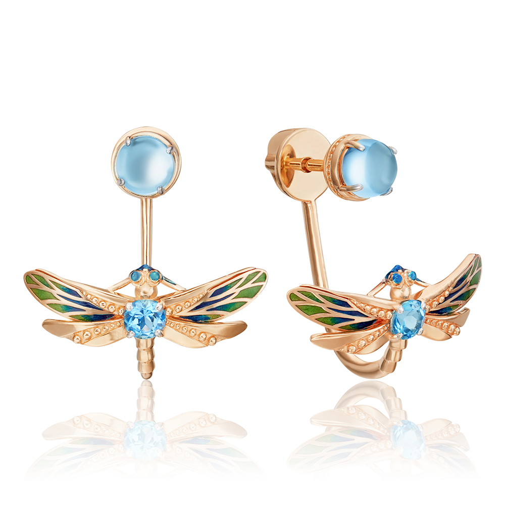 Серьги-джекеты «Стрекозы» из красного золота с топазами и эмалью