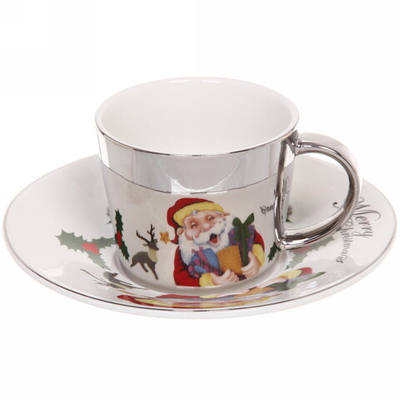 Чайная пара (зеркальная кружка 230мл+блюдце) анаморфный дизайн «Санта», белая