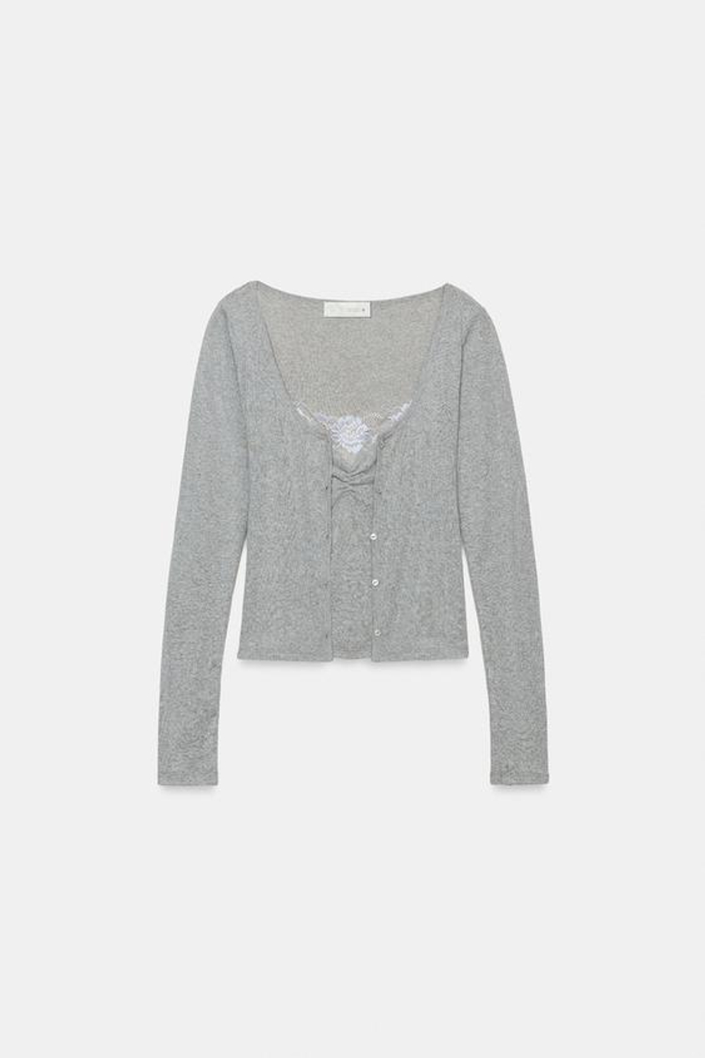 ZARA КАРДИГАН С КОНТРАСТНЫМ КРУЖЕВНЫМ ТОПОМ, СЕРЫЙ МЕЛАНЖ
