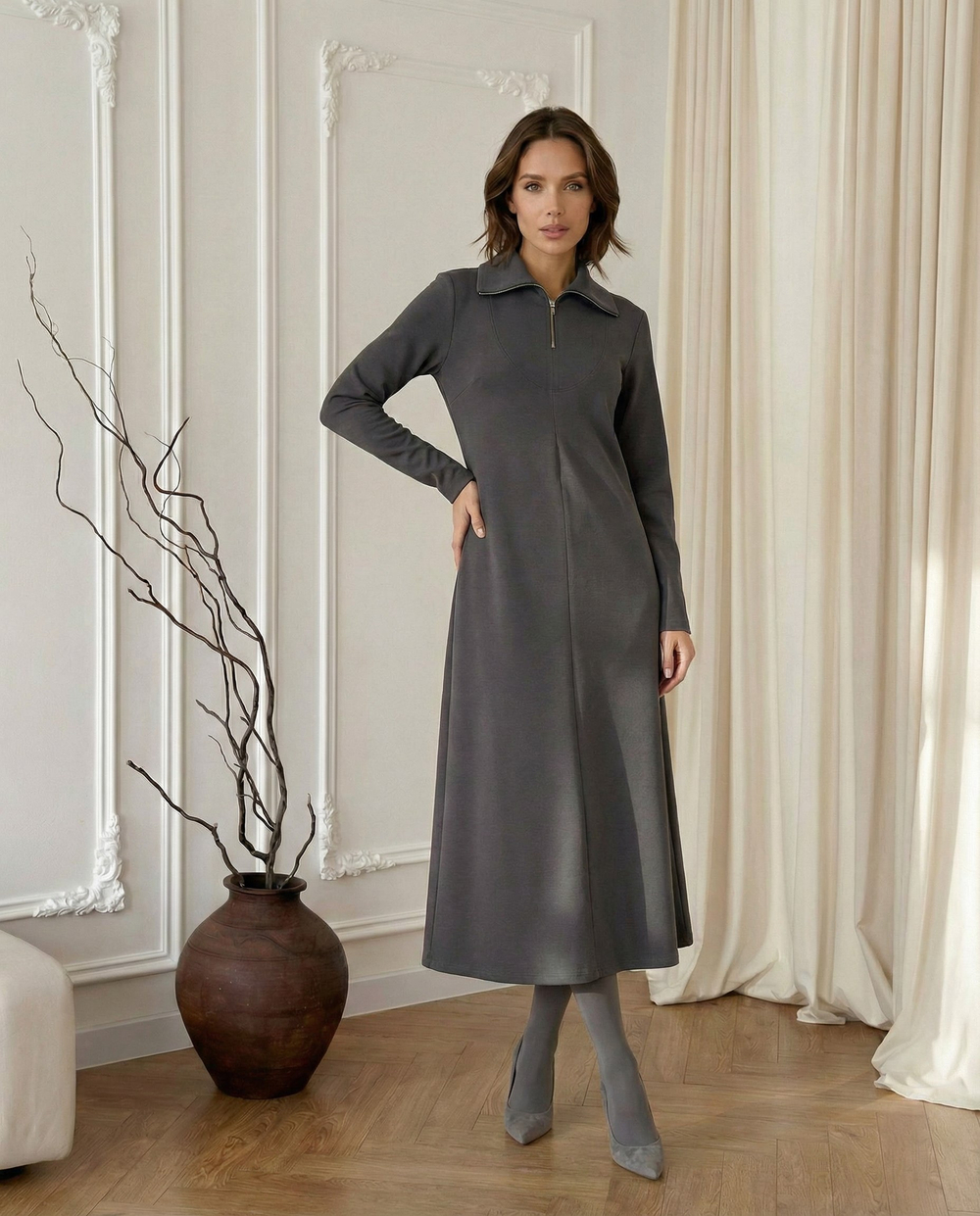 Платье трикотажное оверсайз кроя трапеция графит