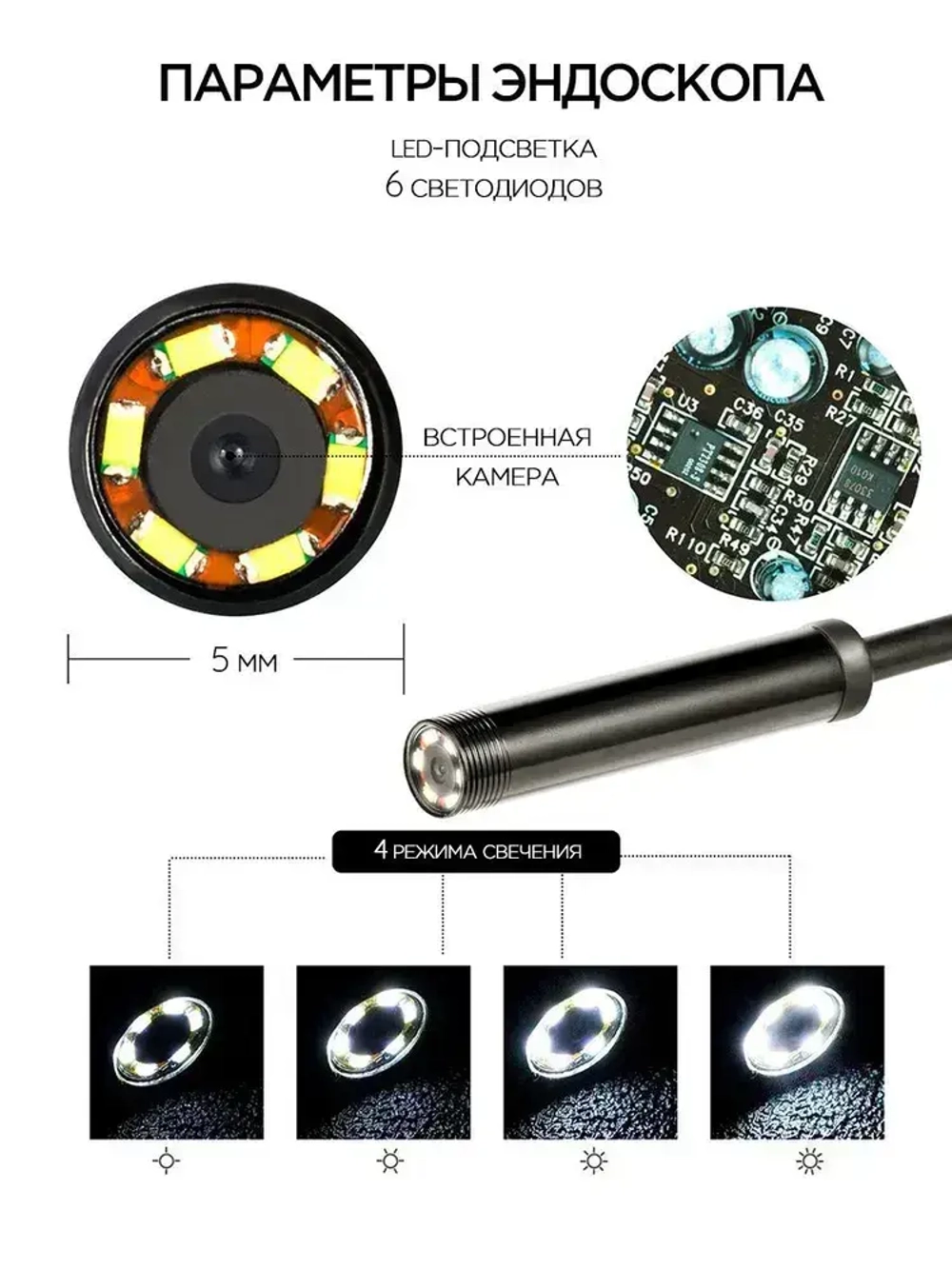 Эндоскоп для смартфона автомобильный водонепроницаемый, гибкая видеокамера с подсветкой USB для смартфона Android, MAC, для PC,Type-C 2 метра