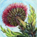 Картина Татарник и самолет. 21 см на 21 см. Акрил на картоне. Авторская живопись, оригинал.