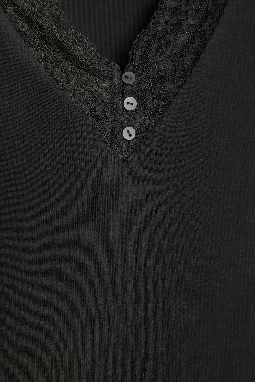 ZARA ФУТБОЛКА В РУБЧИК С КРУЖЕВОМ, ЧЕРНЫЙ