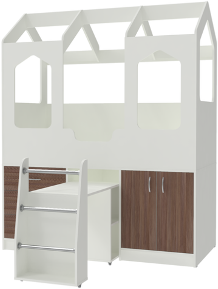 Кровать-чердак КарИВи Домик Сказка с выдвижным столом ДС-14 Белый  Бодего Темный
