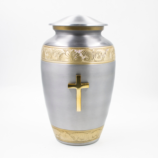 Урна для праха металл с гравировкой "Жемчуг с крестом" серебро-золото