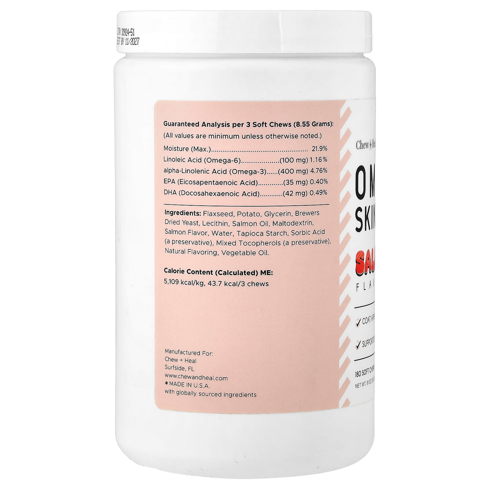 Chew + Heal, Omega Skin + шерсти, для собак и кошек, со вкусом лосося, 180 жевательных таблеток, 513 г (18 унций)