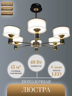 Люстра потолочная светодиодная Lanbos, 6 LED ламп 8 Вт, черная с золотом
