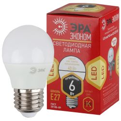 Лампочка светодиодная ЭРА RED LINE ECO LED P45-6W-827-E27 E27 / Е27 6Вт шар теплый белый свет | Лампы cветодиодные Шар (G/P)