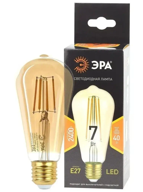 Лампочка светодиодная филаментная ЭРА LED E27 7 Вт ST64 груша 2400К теплый белый свет 1 штука