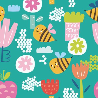 летний паттерн с пчелками и цветами на зеленом фоне
