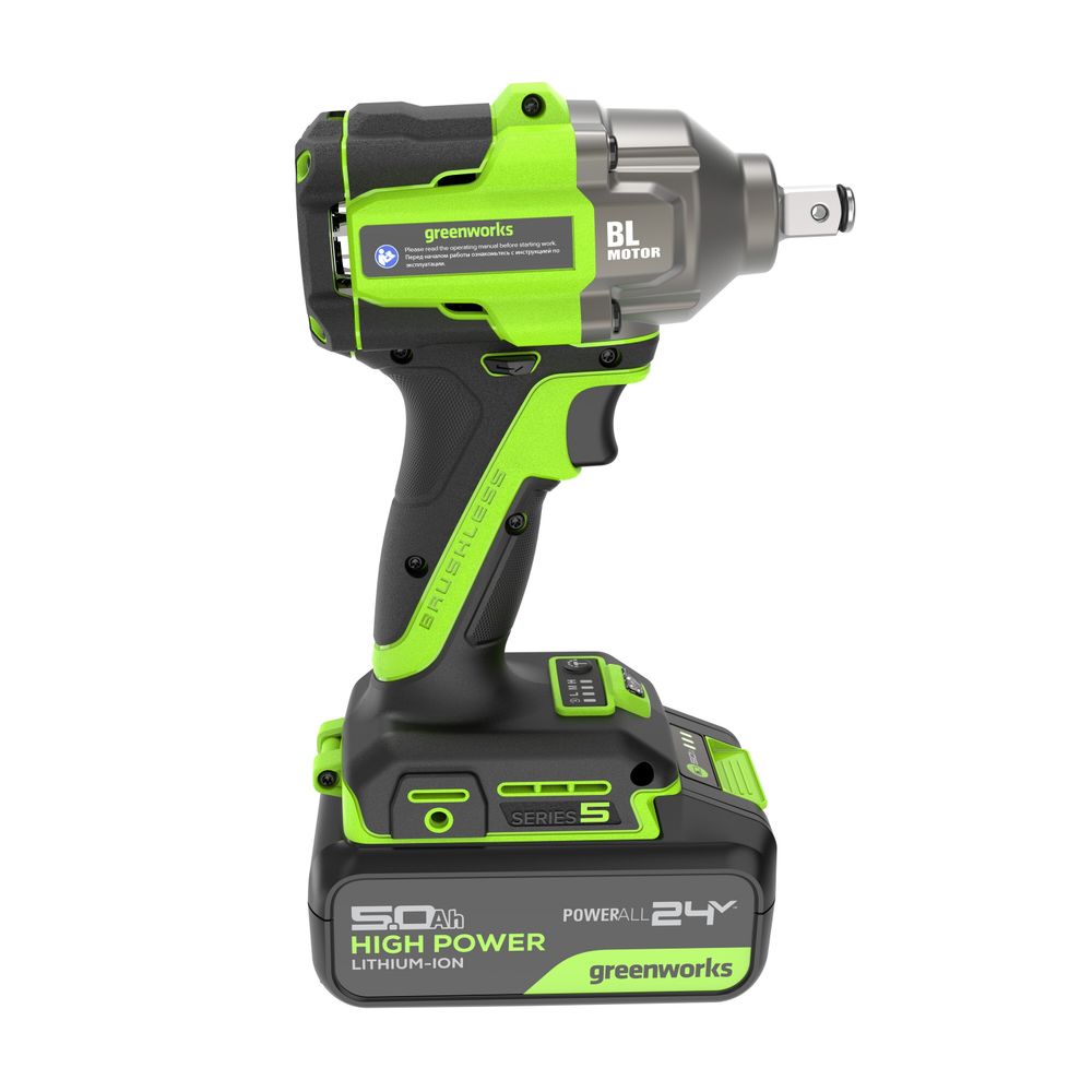 Гайковерт ударный акк. Greenworks IW5500, 24V, б/щет, 1/2'', 500Нм, 3 режима, 1х5Ач,ЗУ,кор (3805007CUG)