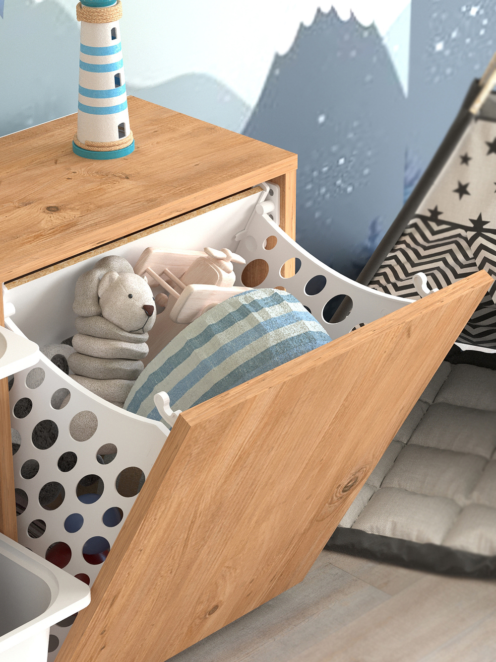 Стеллаж SILA с 2 выдвижными ящиками - сосна