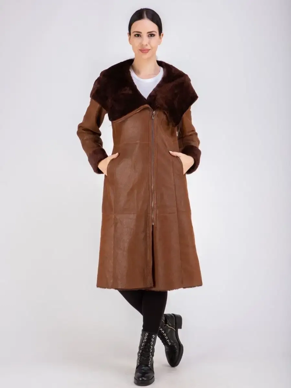 Дубленка женская зима натуральная длинная с капюшоном Турция