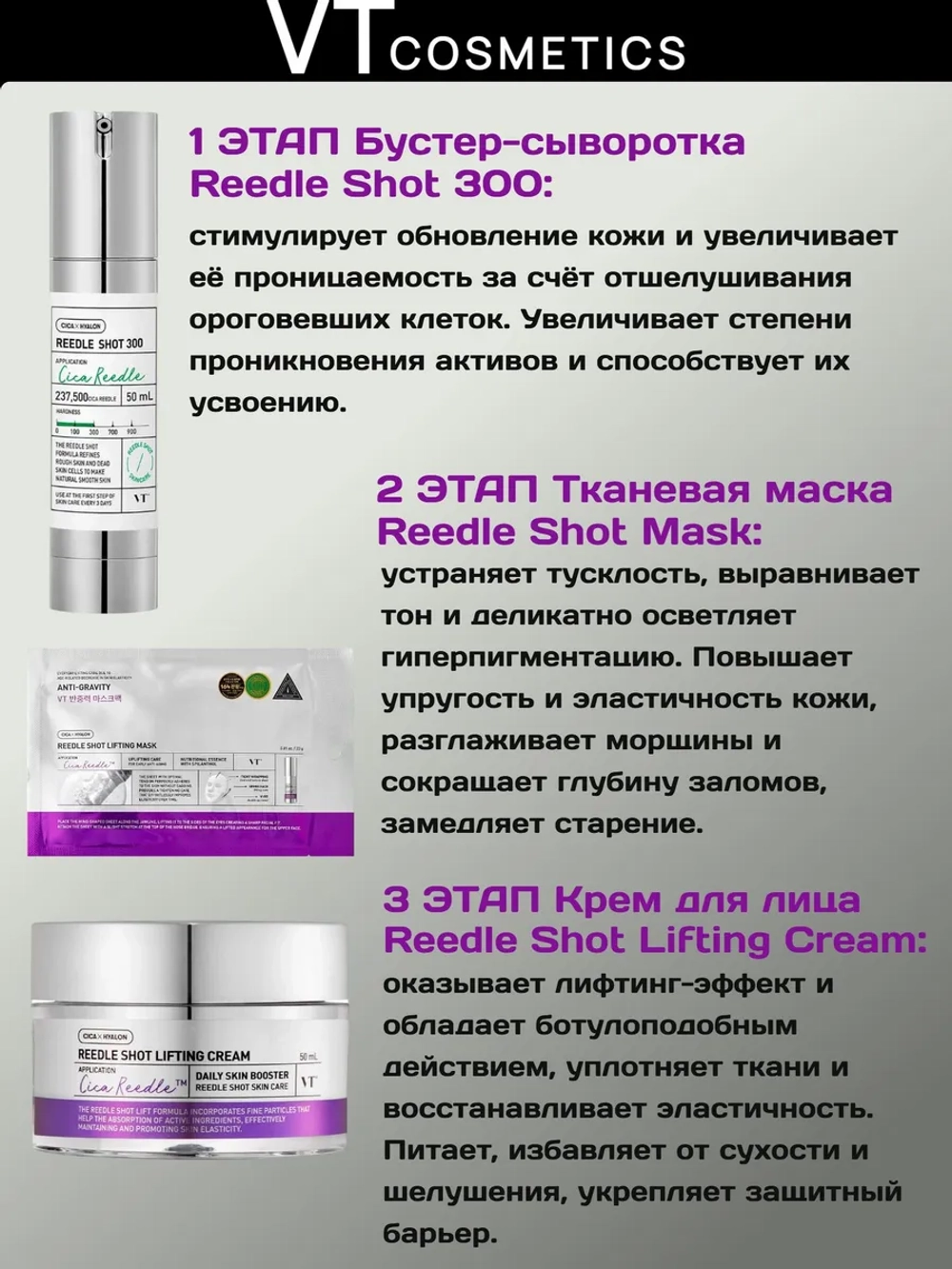 Трёхступенчатый лифтинг-набор с микроиглами VT Cosmetics Reedle Shot All In One 3Step Mask