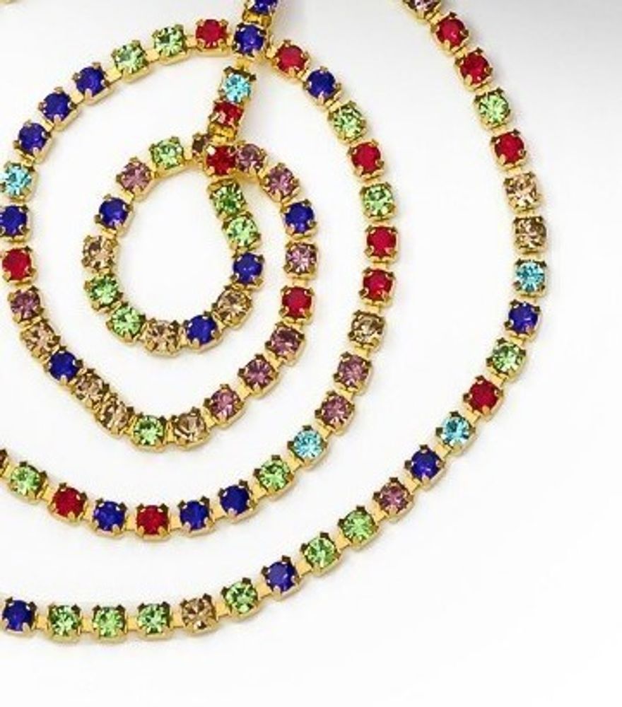 Цепь со стразами, ss12, ш. 3 мм, ассорти в золотой оправе