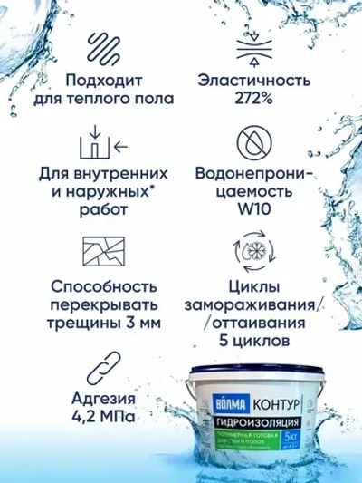 Мастика гидроизоляционная ВОЛМА Контур 5 кг, гидроизоляция для душевой, для ванной