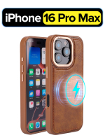 Чехол на Apple iPhone 16 Pro Max кожаный Магсейф с металлической рамкой, коричневый
