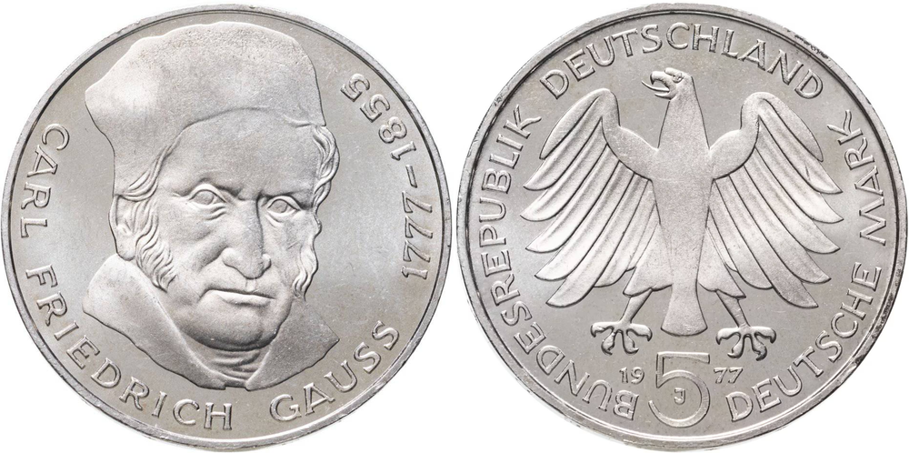 Германия 5 марок, 1977 200 лет со дня рождения Карла Фридриха Гаусса