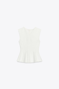 ZARA ТОП С БАСКОЙ БЕЗ РУКАВОВ, БЕЛЫЙ