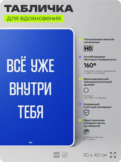 Табличка мотивационная большая "Всё уже внутри тебя", аффирмация, для интерьера, 30х40 см, пластиковая, Айдентика Технолоджи